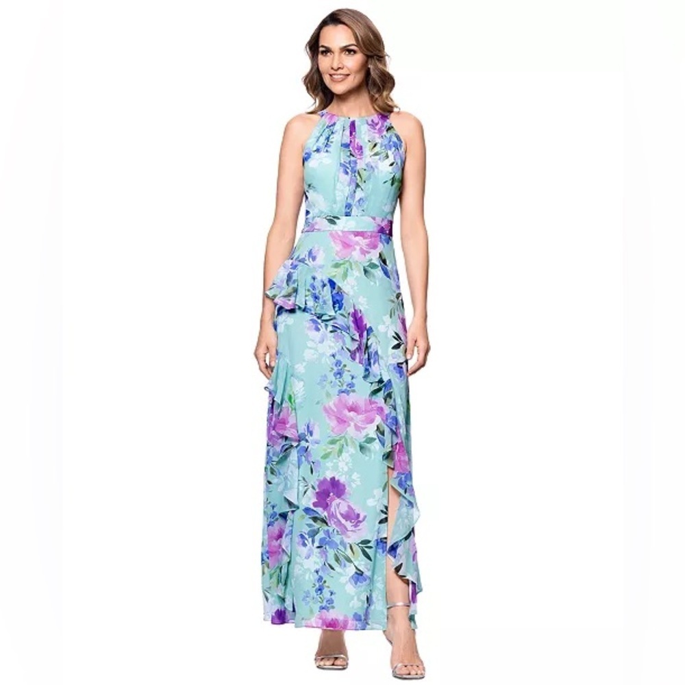 Betsy & Adam (G4) Printed Halter-Neck Ruffled Sleeveless Gown NWT SIZE 6